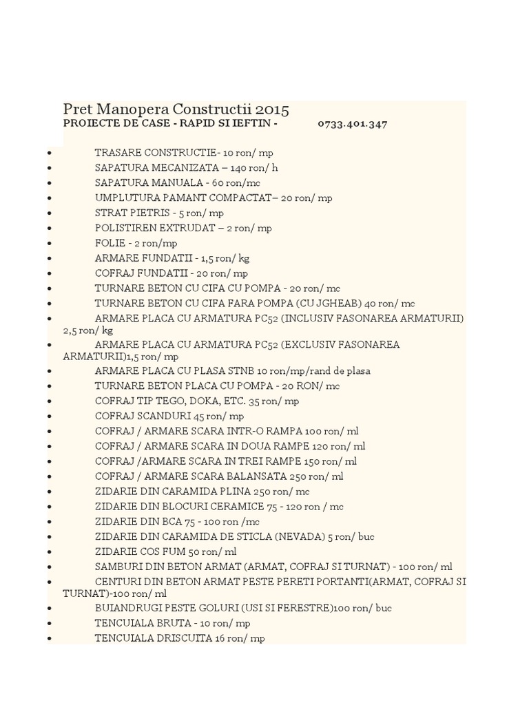 Pret Manopera Constructii 2015 | PDF