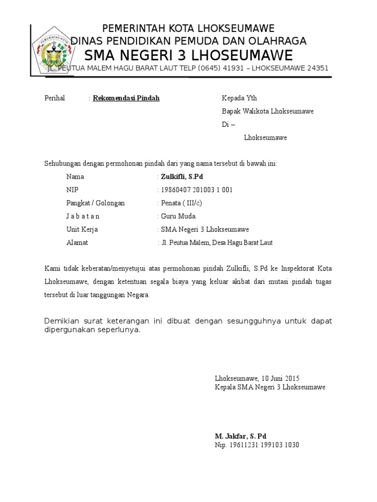 Surat Rekom Kepsek