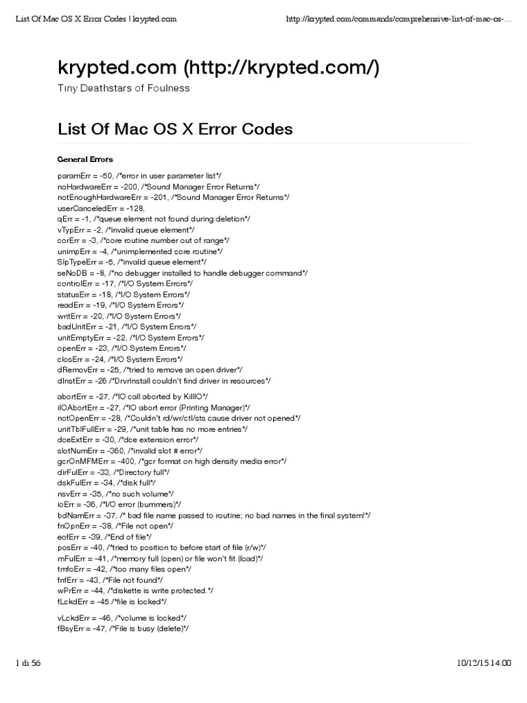 List Of Mac Os X Error Codes Computer File Computer Engineering