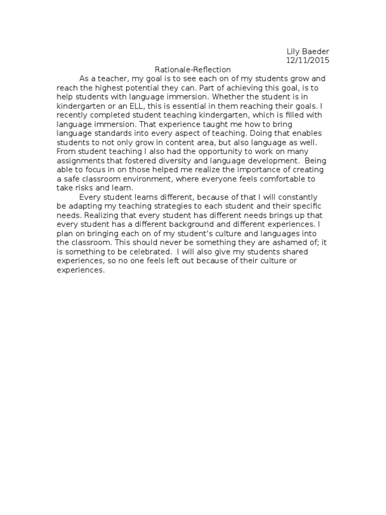 Rationale Reflection | PDF | Wellness