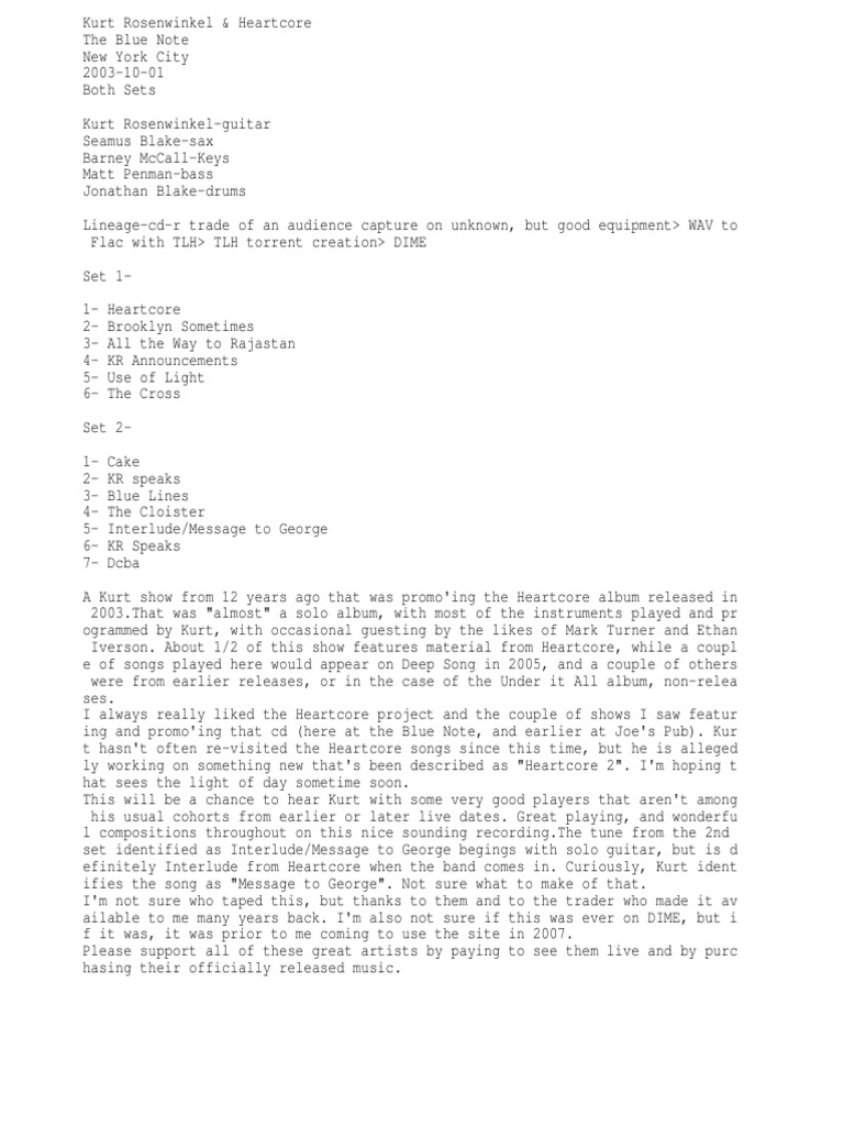 Kurt Rosenwinkel and Heartcore 20031001 The Blue Note, NYC PDF