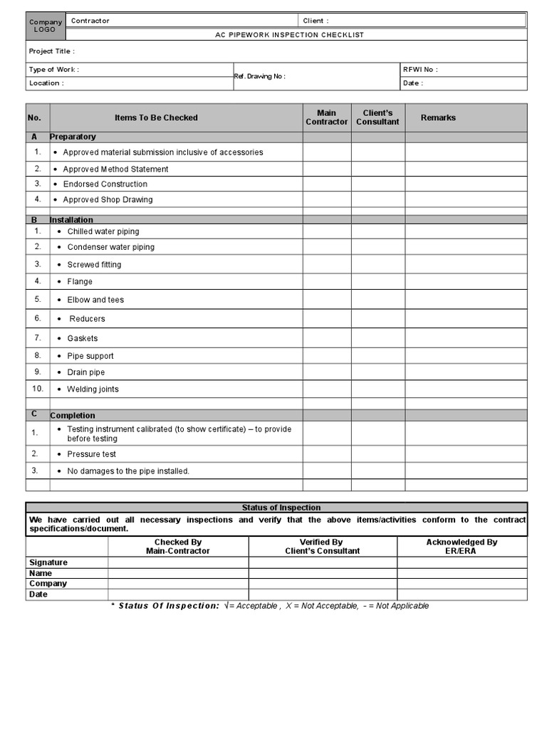 M - AC Pipework INSPECTION CHECKLIST | PDF | Home & Garden