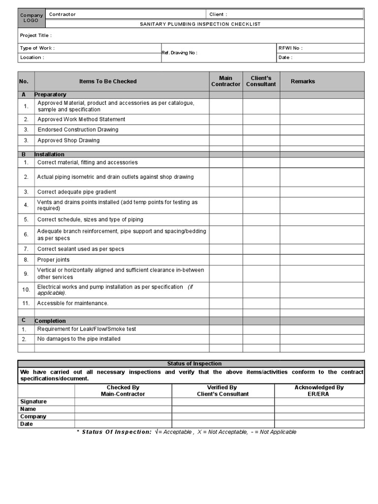 m - sanitary & plumbing inspection checklist | pdf | plumbing