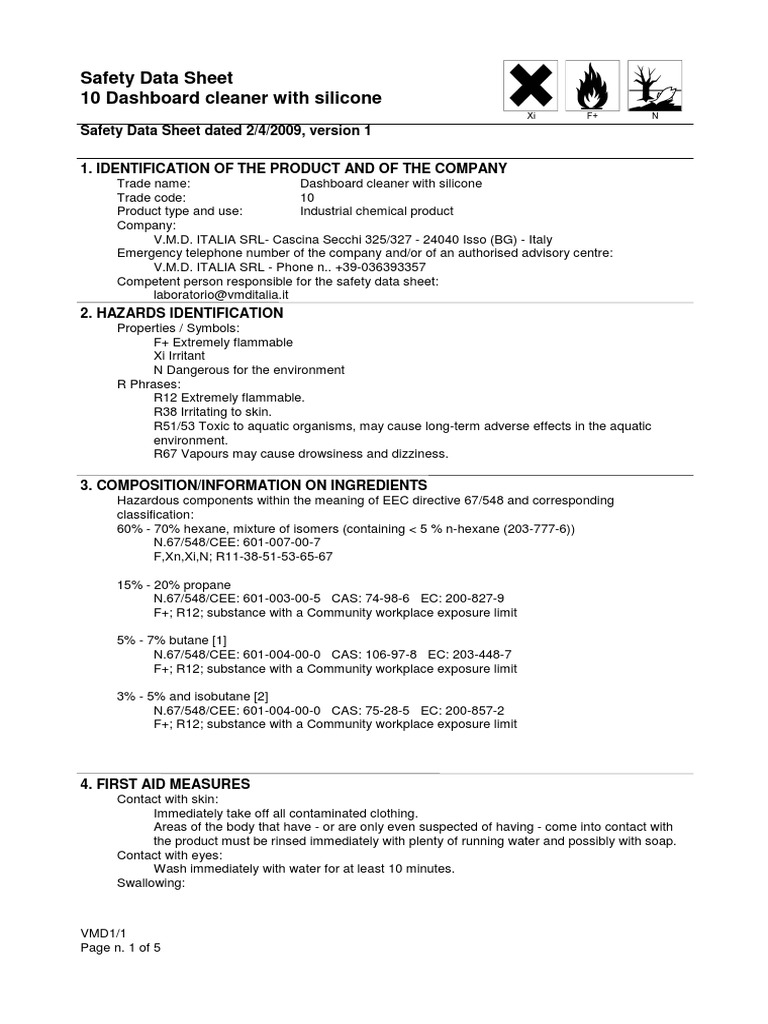 Dashboard Cleaner With Silicone PDF Chemical Substances Safety