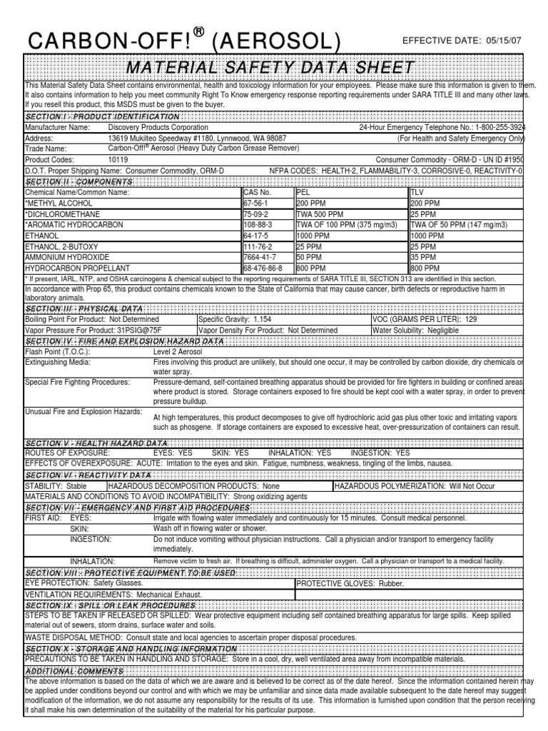 Carbon-Off! (Aerosol) : Material Safety Data Sheet | PDF | Fires | Water