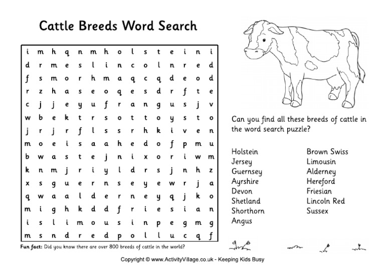 Cattle Breeds Word Search PDF Bovines Domesticated Animals