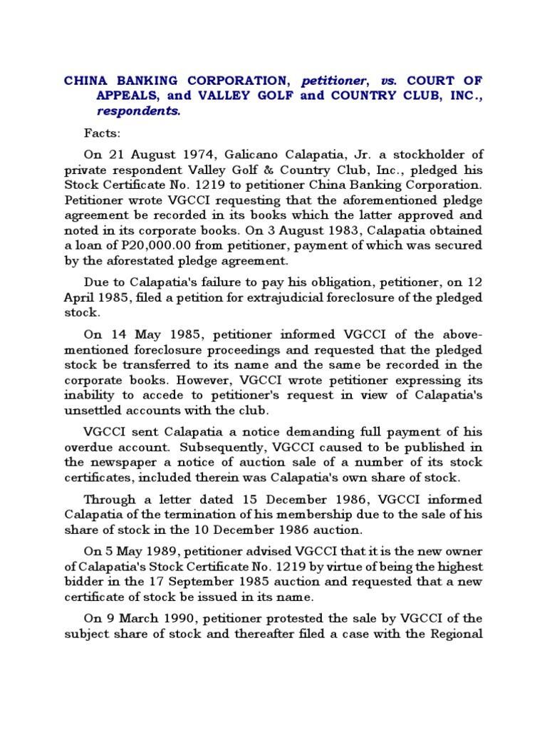 China Bank Vs CA Case Digest PDF Foreclosure Stocks