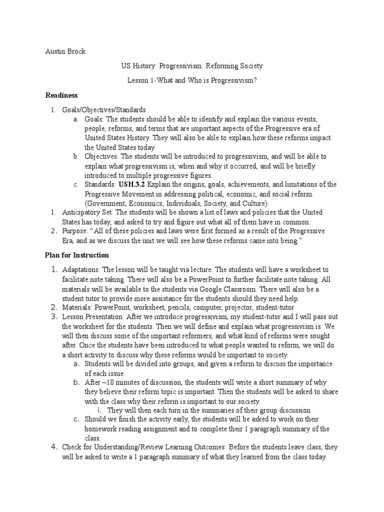 Progressivism Lesson 1 Intro | PDF | Progressivism | Educational Assessment