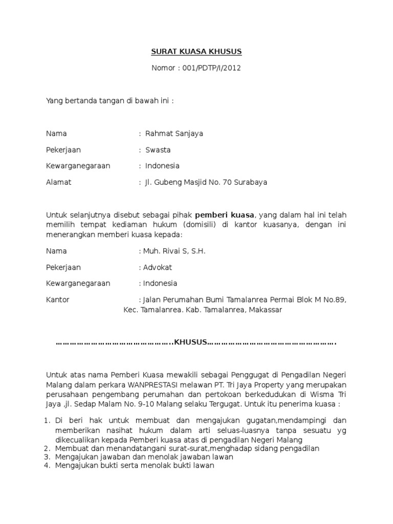 Contoh Surat Kuasa Khusus Pdf