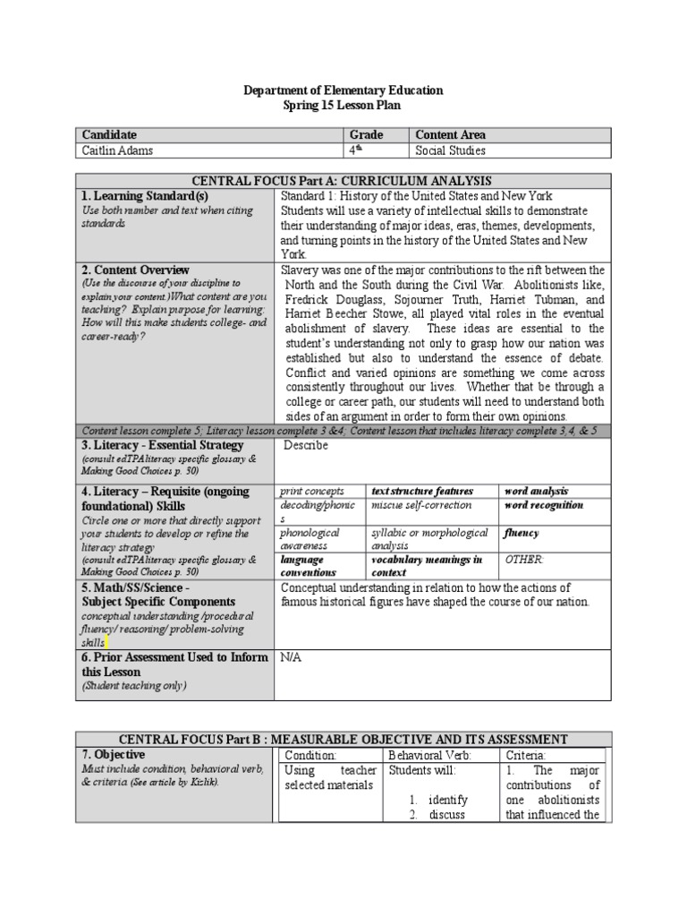 4th Grade Social Studies Lesson Plan | PDF | Abolitionism In The United ...