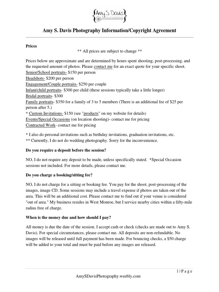 Amy S Davis Photography Info-Copyright Agreement and Print Release ...