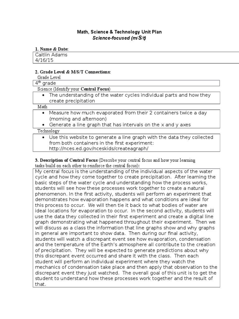 4th Grade Water Cycle Unit Plan | PDF | Water Vapor | Scientific Method