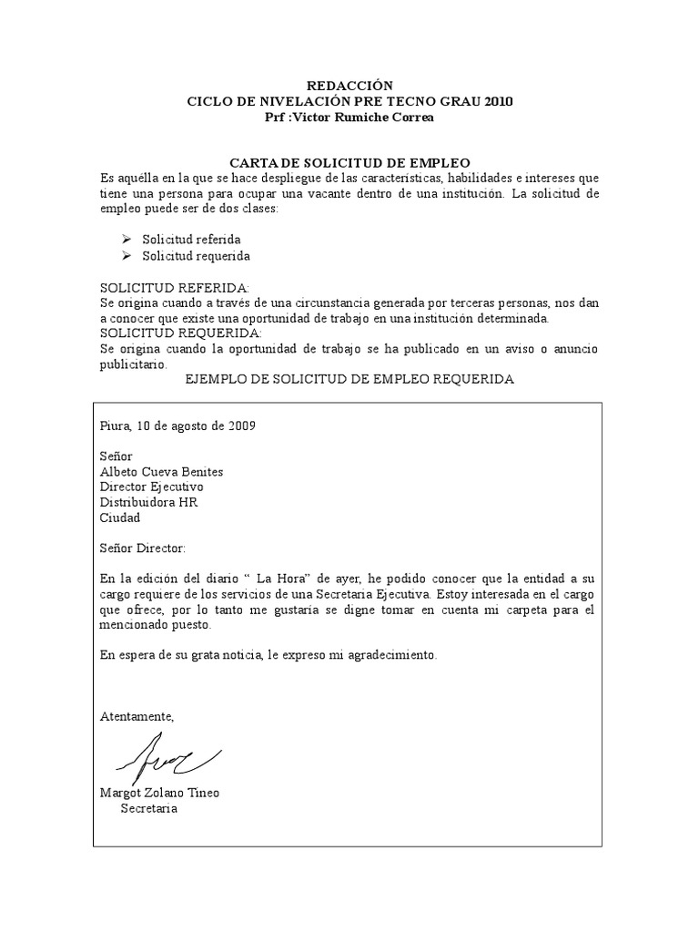 Carta De Solicitud De Empleo Business Negocios