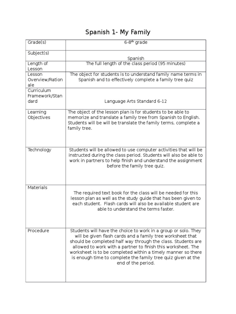 Spanish Family Vocabulary Lesson Plan | PDF