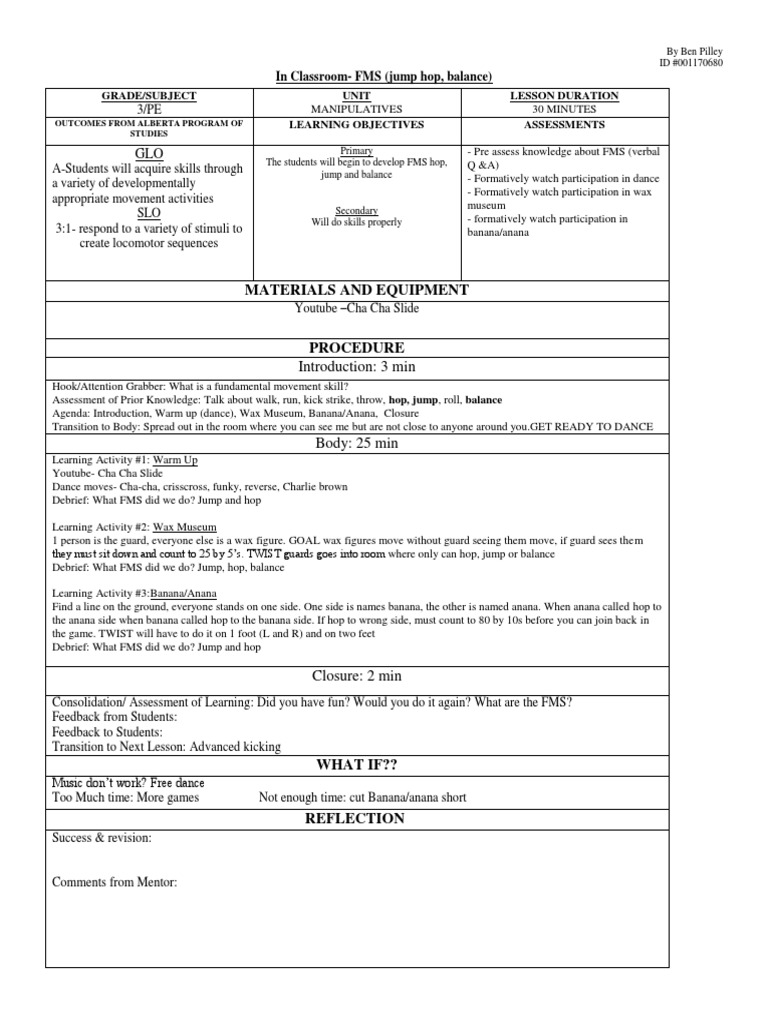 FMS Lesson: Jump, Hop, and Balance Activities | PDF | Education Theory ...