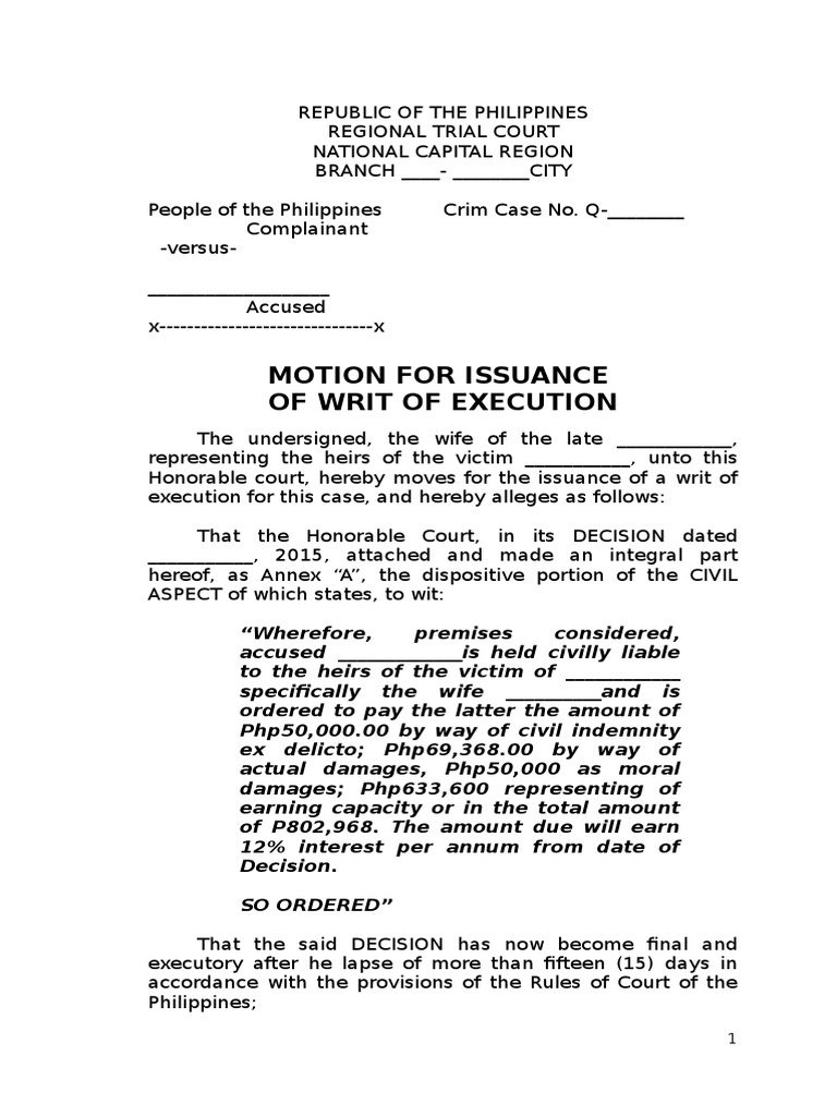 Motion for Issuance of Writ of Execution 2