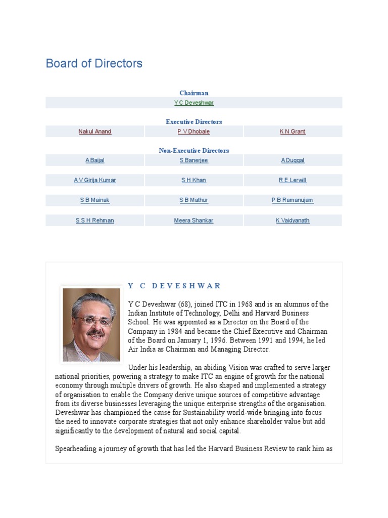 ITC Board of Directors Overview | PDF | Board Of Directors | Chief ...