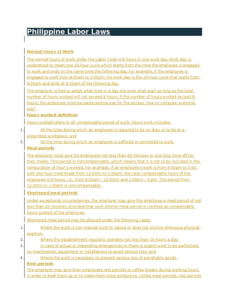 Philippine Labor Laws PDF Overtime Working Time