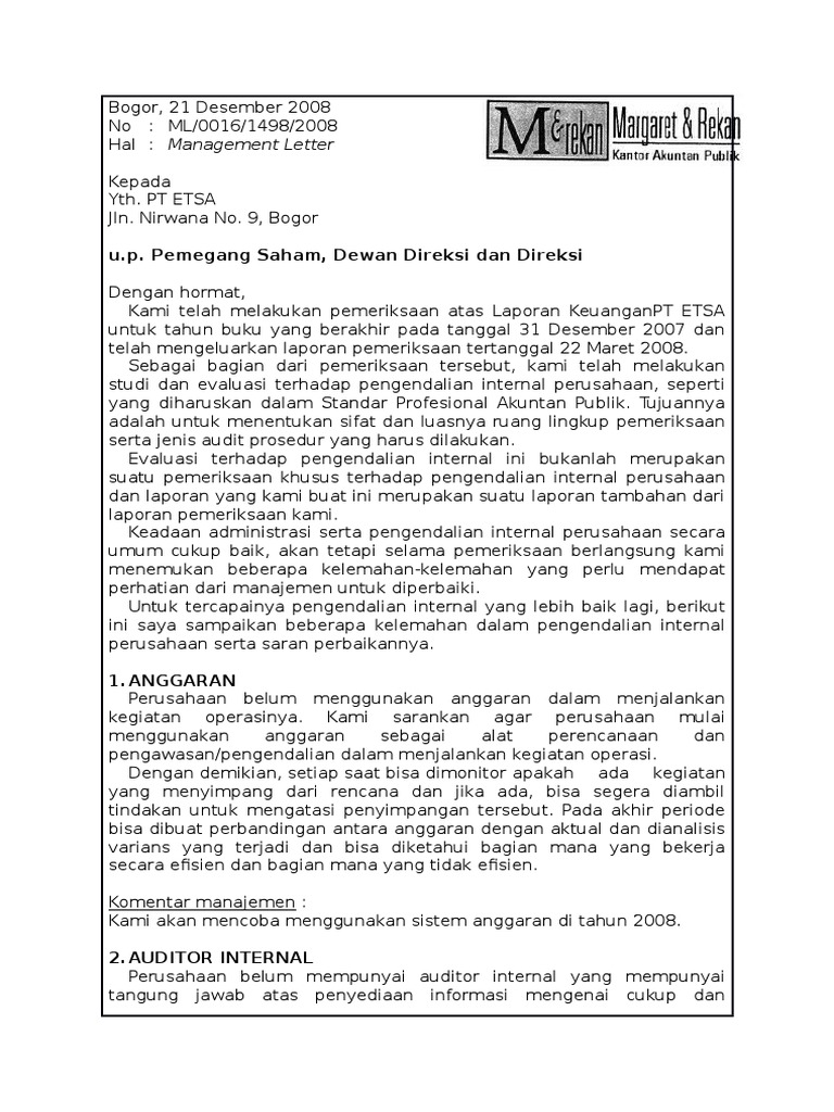 Rekomendasi Manajemen Letter Audit | PDF