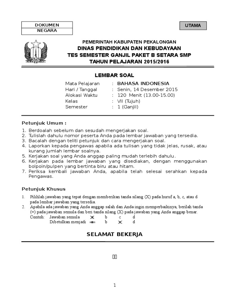 Soal Tes Semester Gasal Paket B Setara Smp Kelas Vii Bahasa Indonesia Paket B Kelas Vii