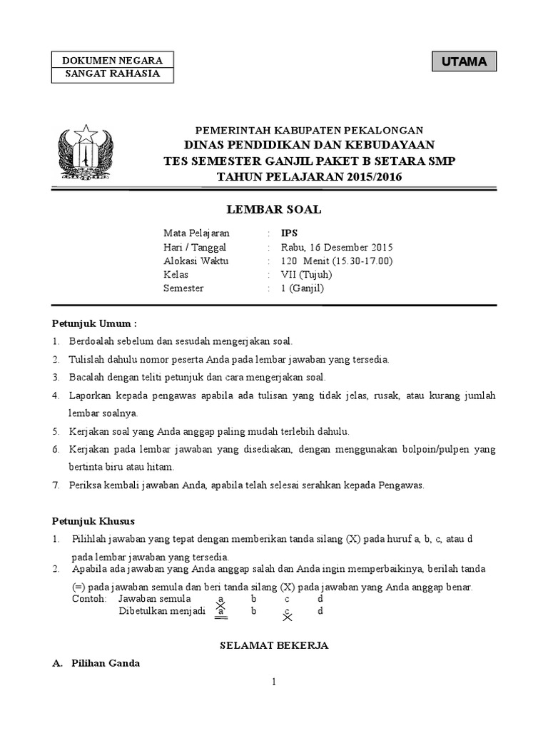 Soal Tes Semester Gasal Paket B Setara SMP Kelas VII IPS Kelas VII