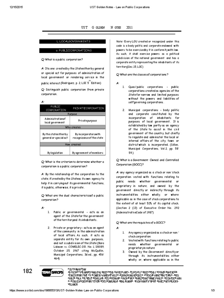 UST Golden Notes Law on Public Corporations Corporations Local