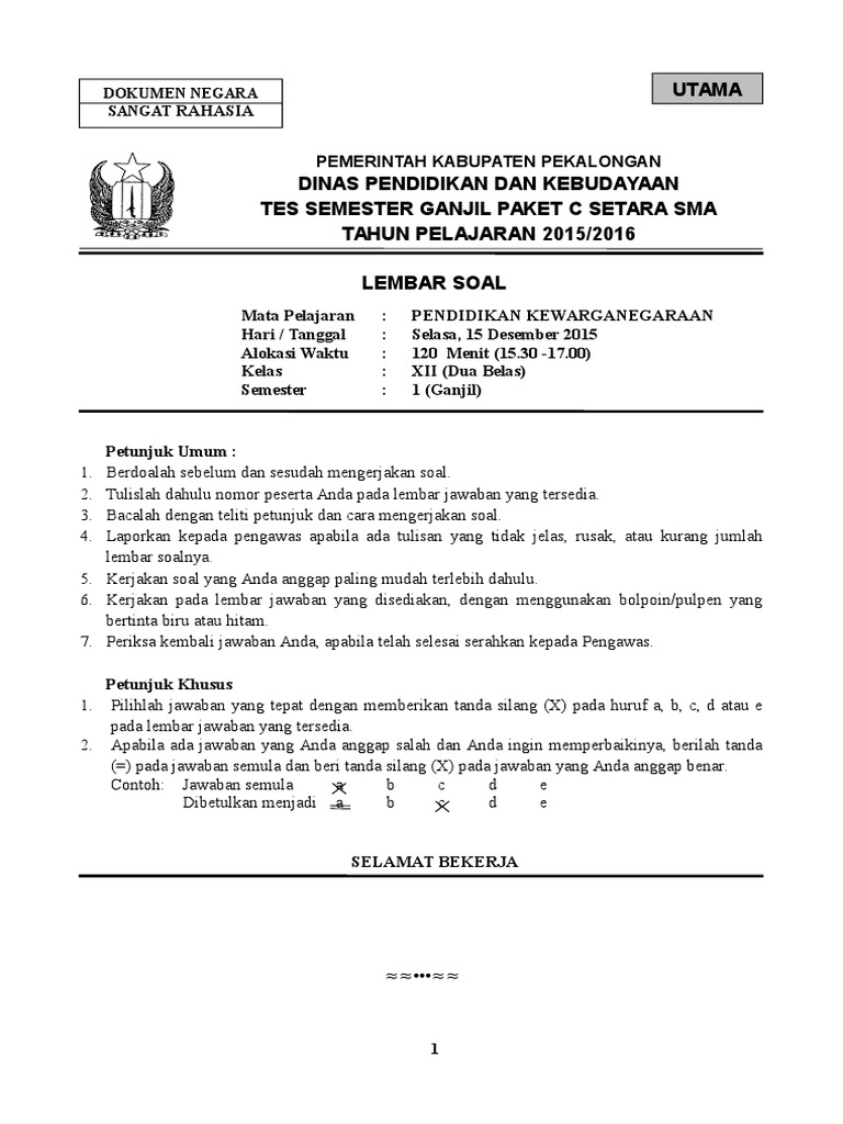 Contoh Soal Pkn Kelas 12 Semester 1 Berbagai Contoh