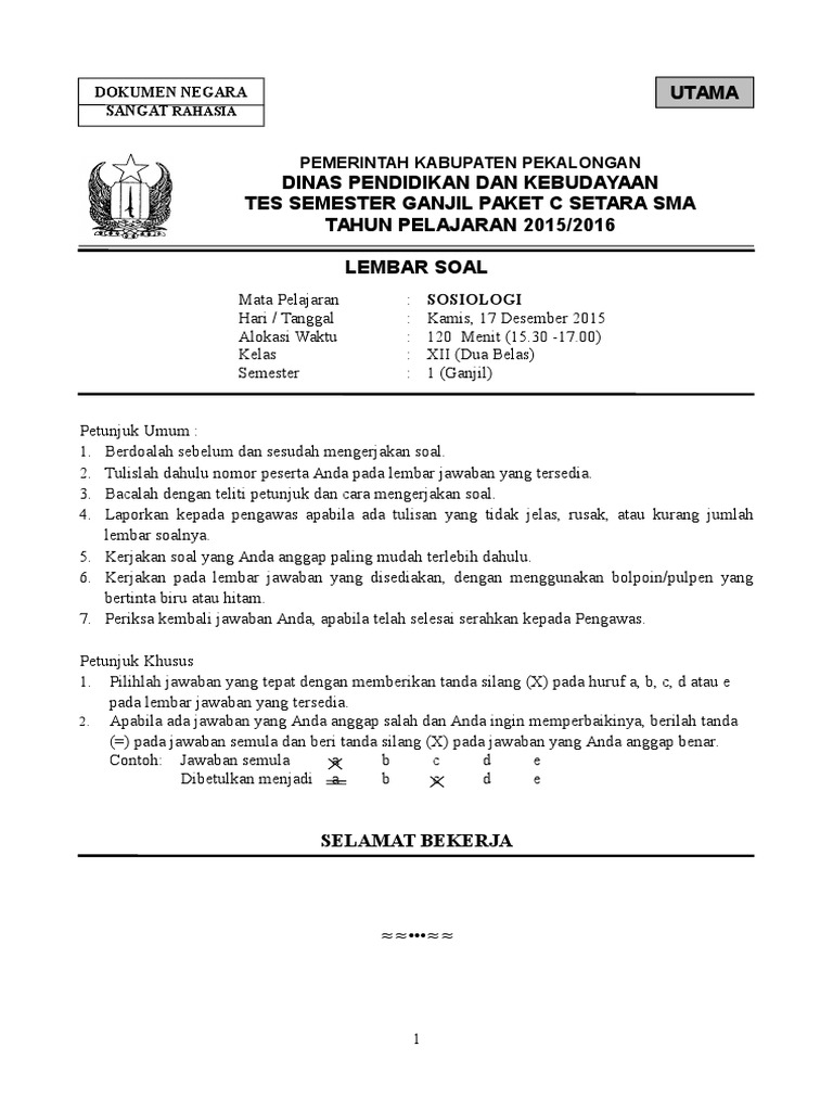 Soal Sosiologi Kelas XII Semester Gasal