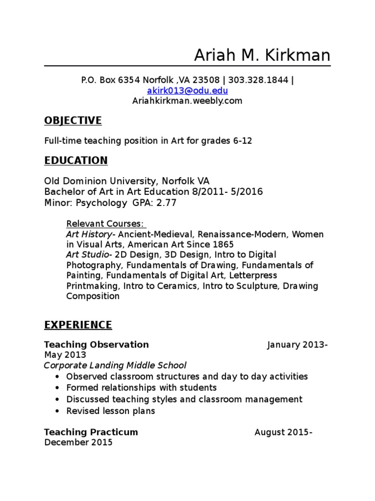 Arts Teacher Resume: Ariah M. Kirkman | PDF | Art | History