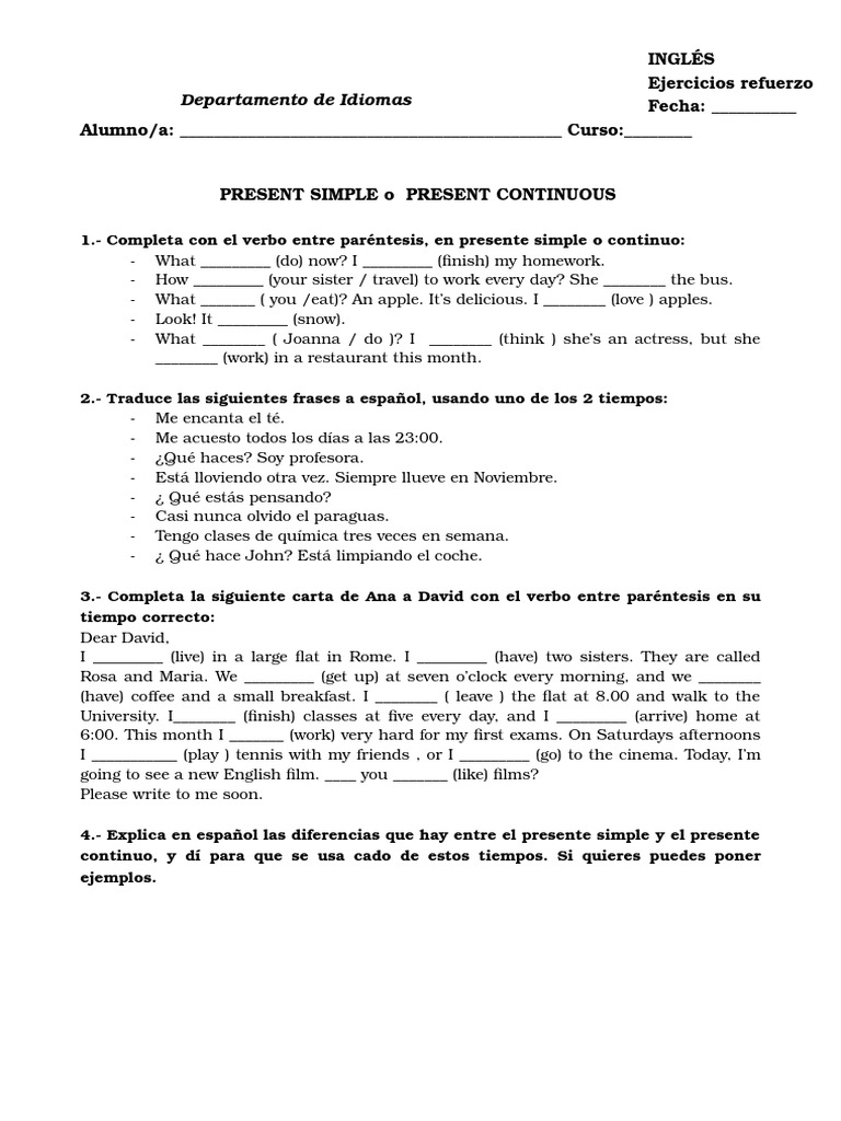 Ejercicios de Presente Simple y Continuo | PDF