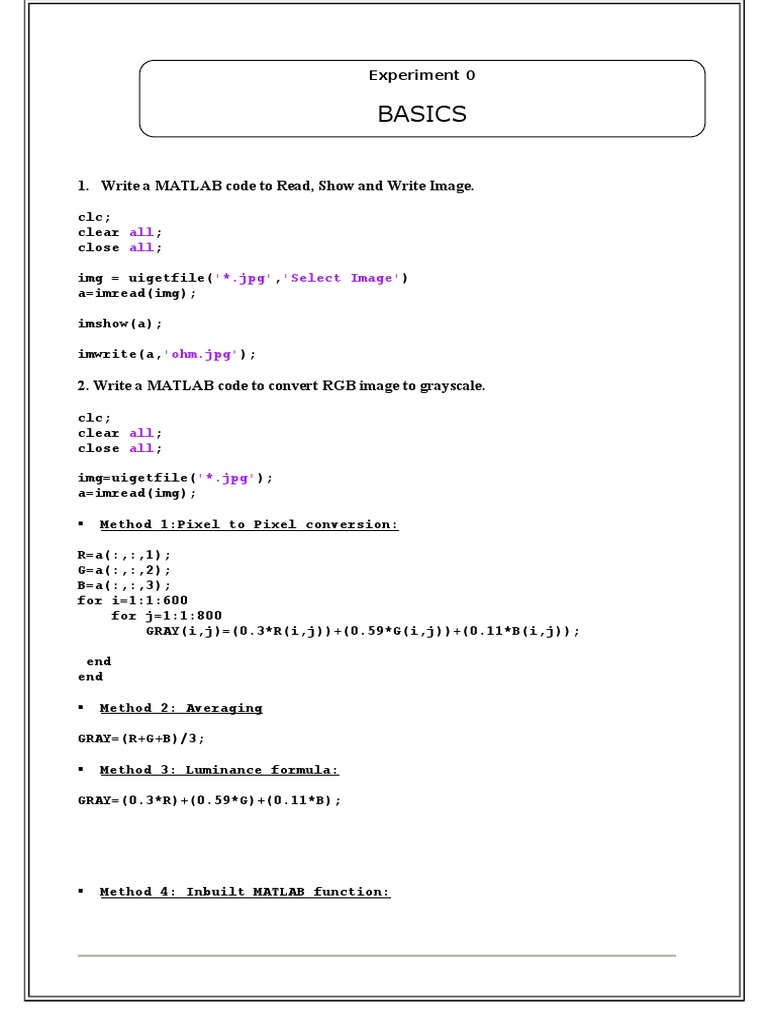 Basics: 1. Write A MATLAB Code To Read, Show and Write Image | PDF