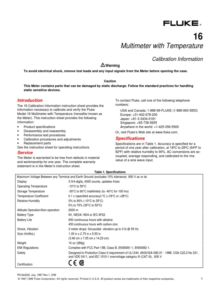 FLUKE 16 Calibration Information Calibration Electrical Engineering