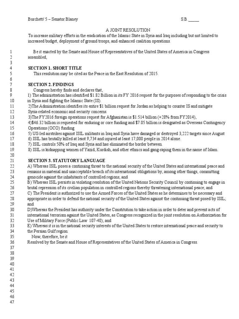 Military Action Against ISIS Resolution | PDF