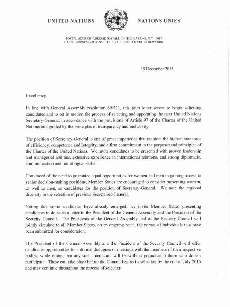 Joint Letter From Presidents of UN General Assembly and UN Security ...