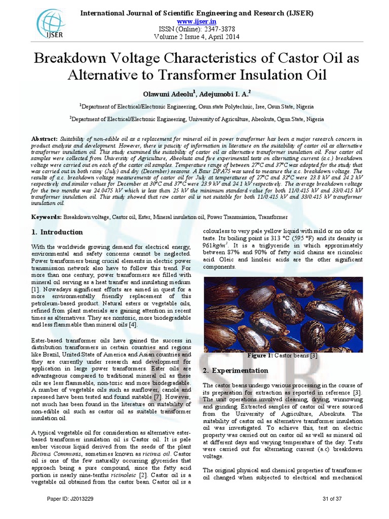 Breakdown Voltage Characteristics of Castor Oil As Transformer