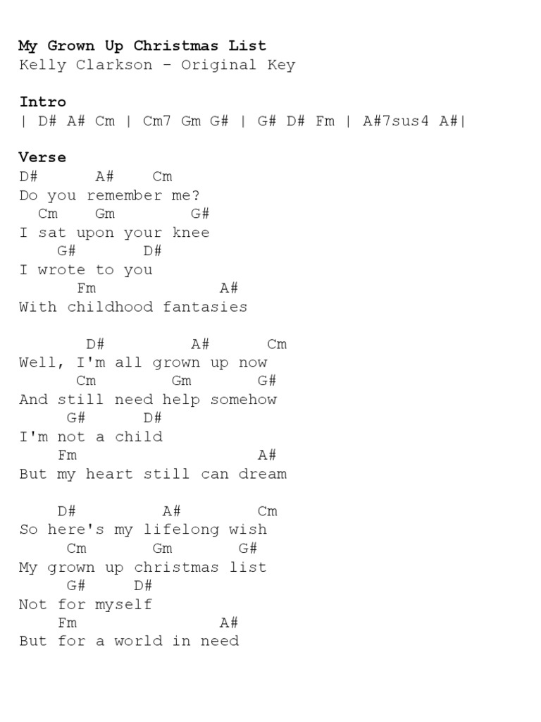 My Grown Up Christmas List Kelly Clarkson (Original Key