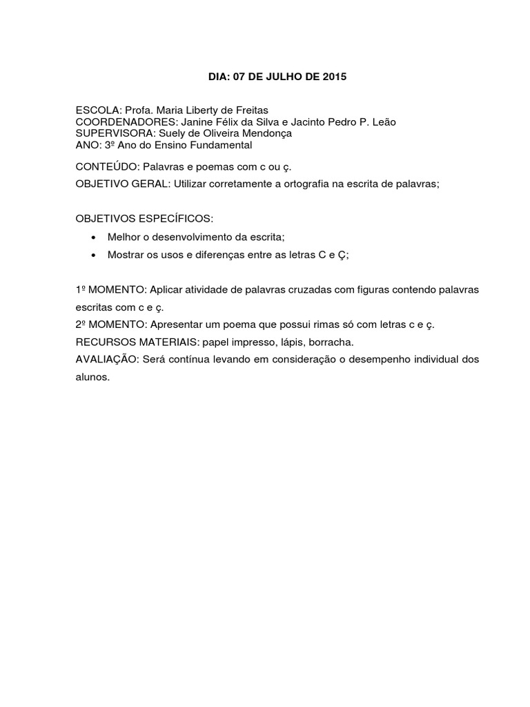 Plano De Aula Palavras E Poemas Com C Ou C