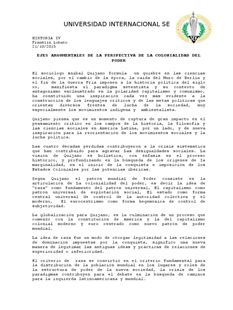 Ejes Argumentales De La Perspectiva De La Colonialidad Del Poder PDF