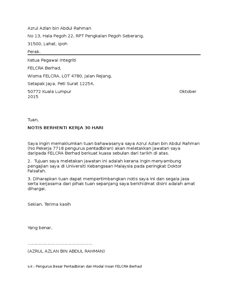 Notis Berhenti Kerja 30 Hari Pdf