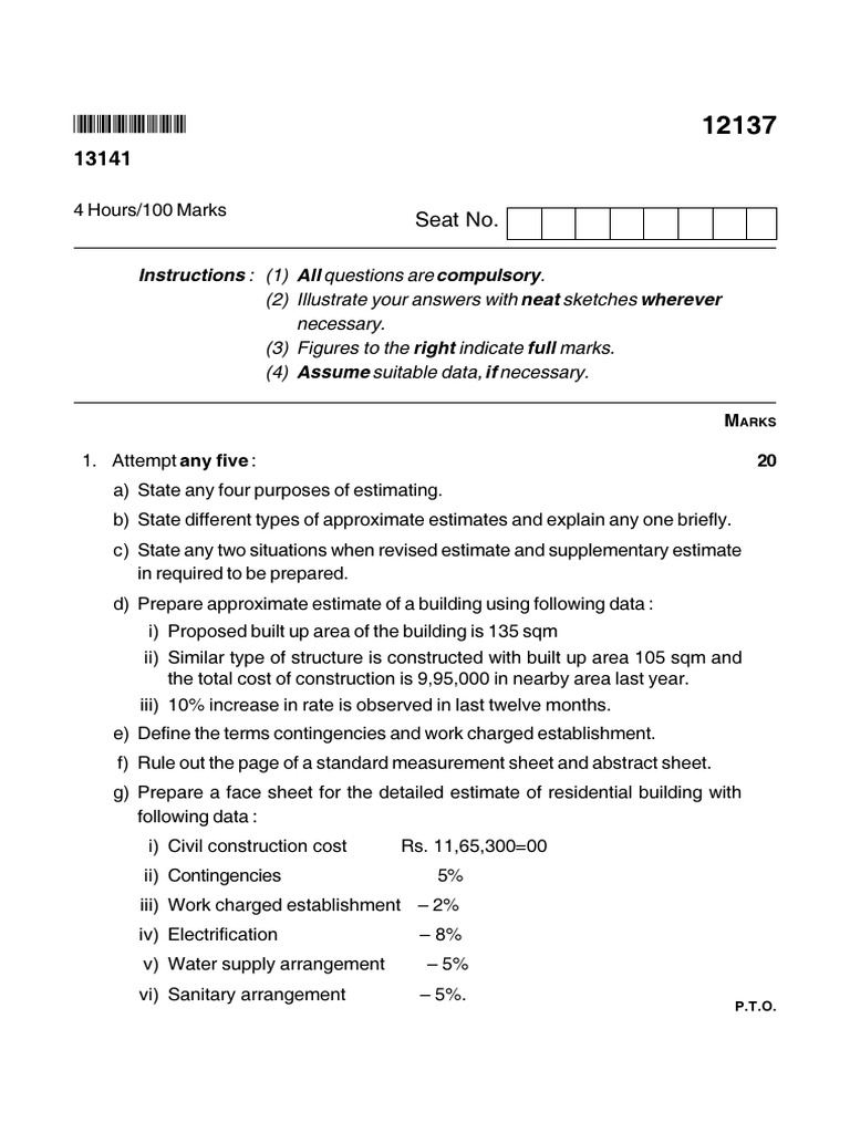 estimating and costing question paper Masonry Building Engineering