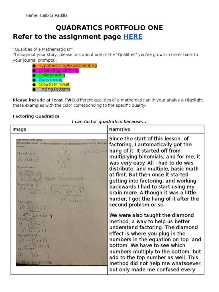 Quadratics Portfolio Analysis | PDF | Teaching Mathematics | Science