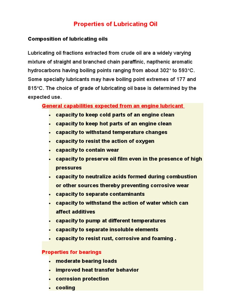 Properties of Lubricating Oil Lubricant Motor Oil