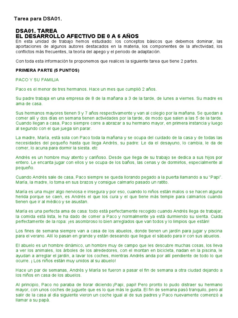 Desarrollo Afectivo en DSA01: Tarea | PDF | Teoría de apego | Planificación