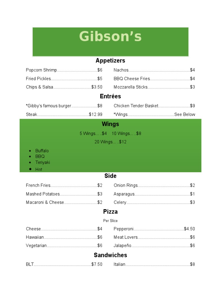 Gibson's Menu Overview | PDF