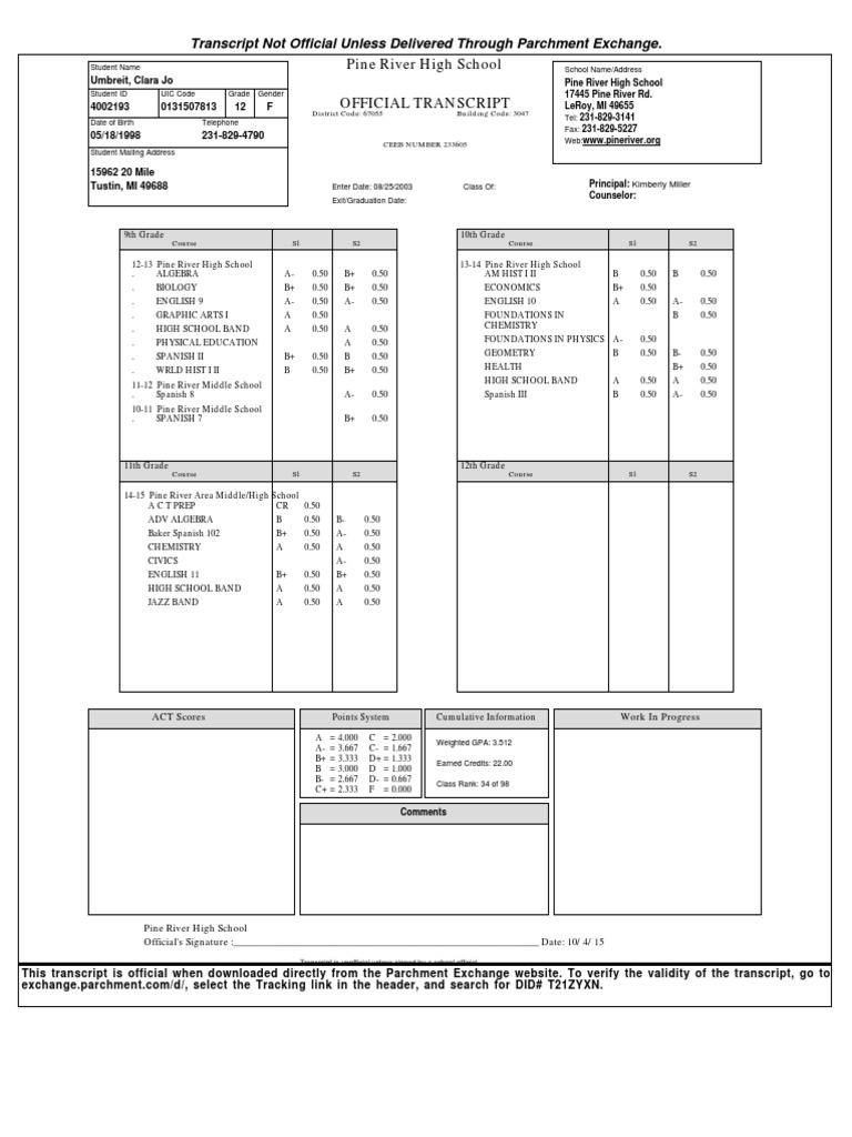 Transcript Not Official Unless Delivered Through Parchment Exchange PDF