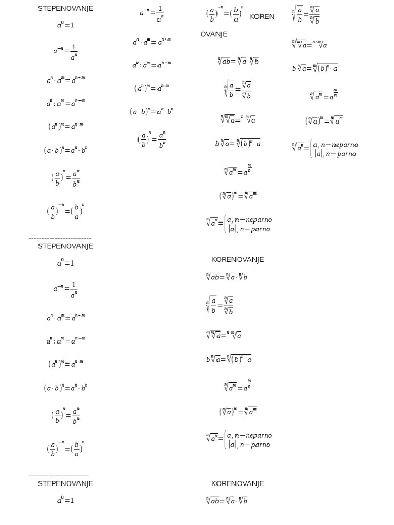 STEPENOVANJE i Korenovanje Osnovne Formule