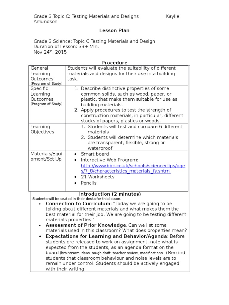 Lesson Plan Science Testing Materials And Design 1 Lesson Plan Education Theory