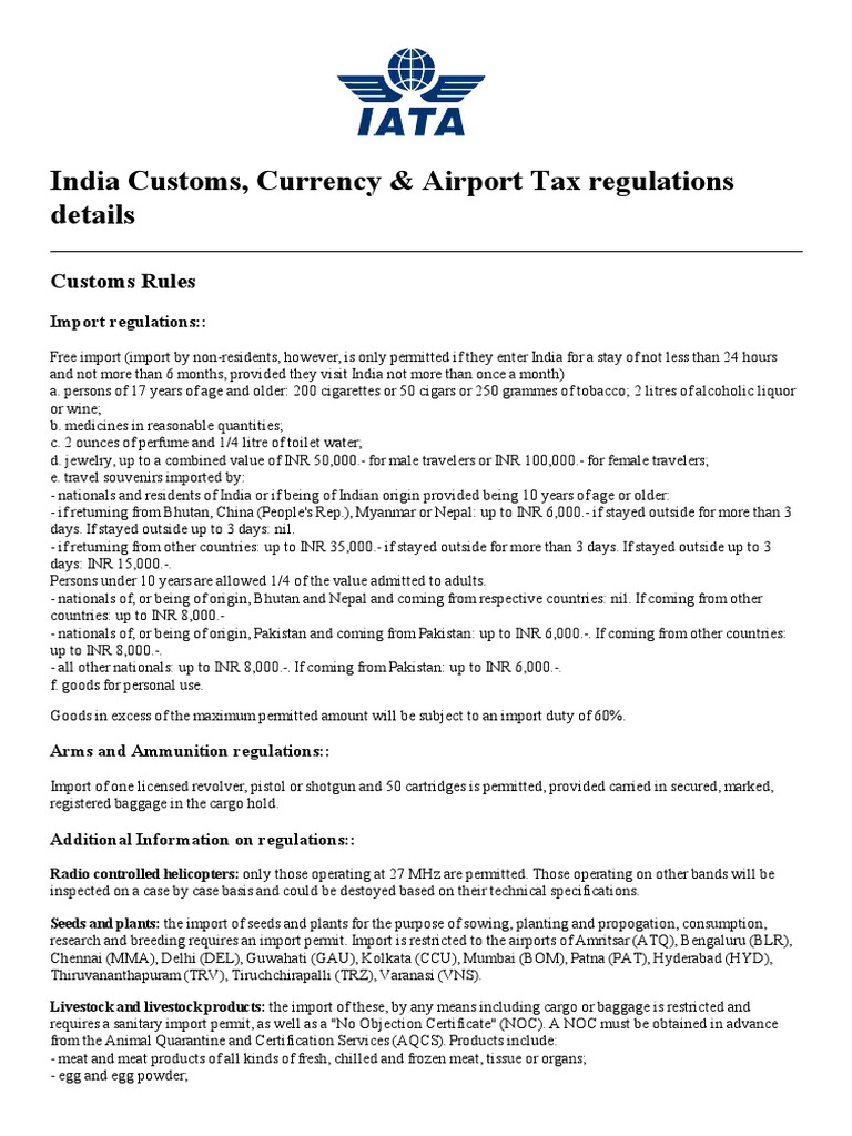 IATA India Customs, Currency & Airport Tax Regulations Details