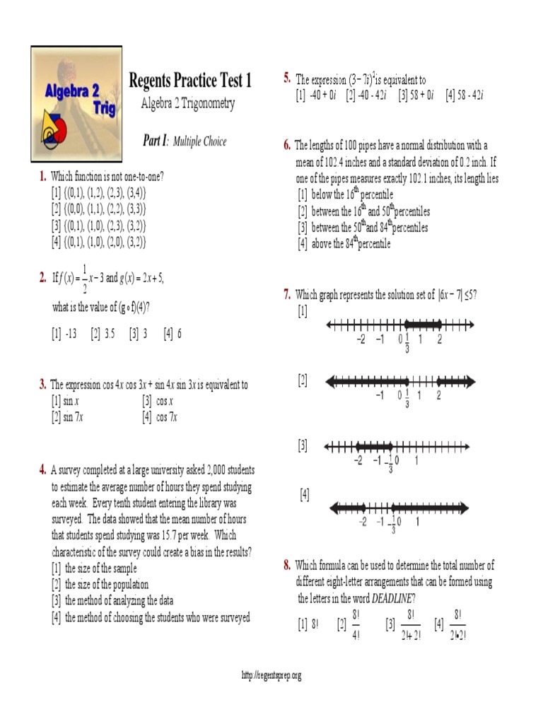 Regents Practice Test 1 Algebra 2 Trigonometry Download Free PDF Function (Mathematics