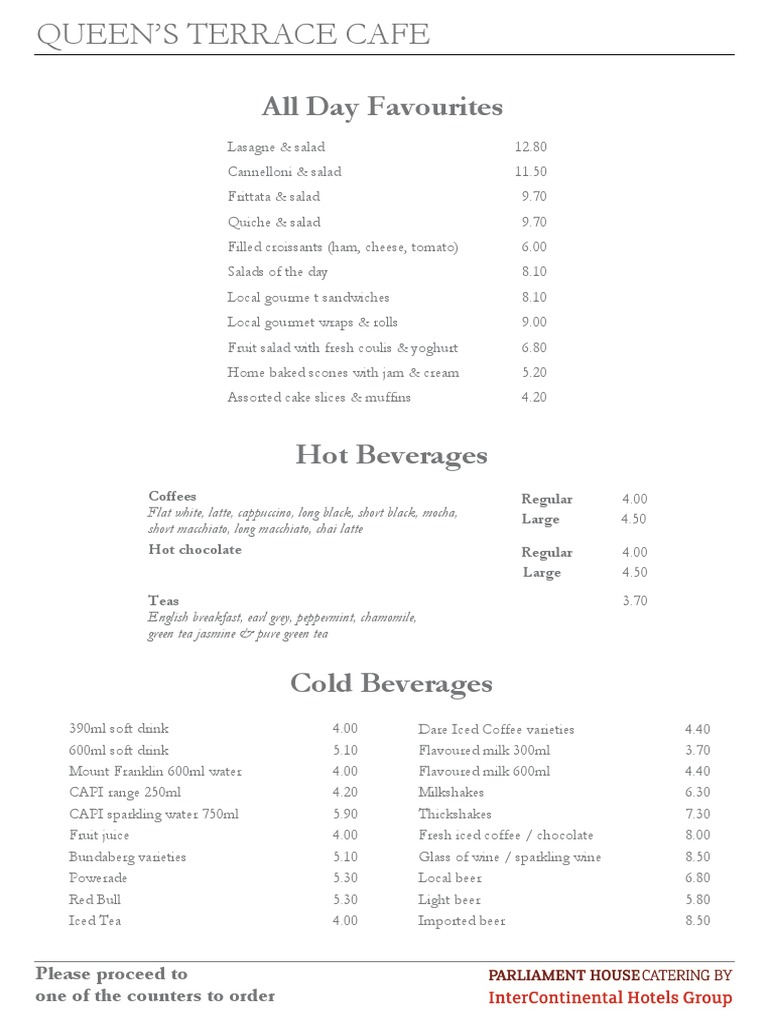 Parliament House Catering Queens Terrace Cafe Menu OCTOBER 2015
